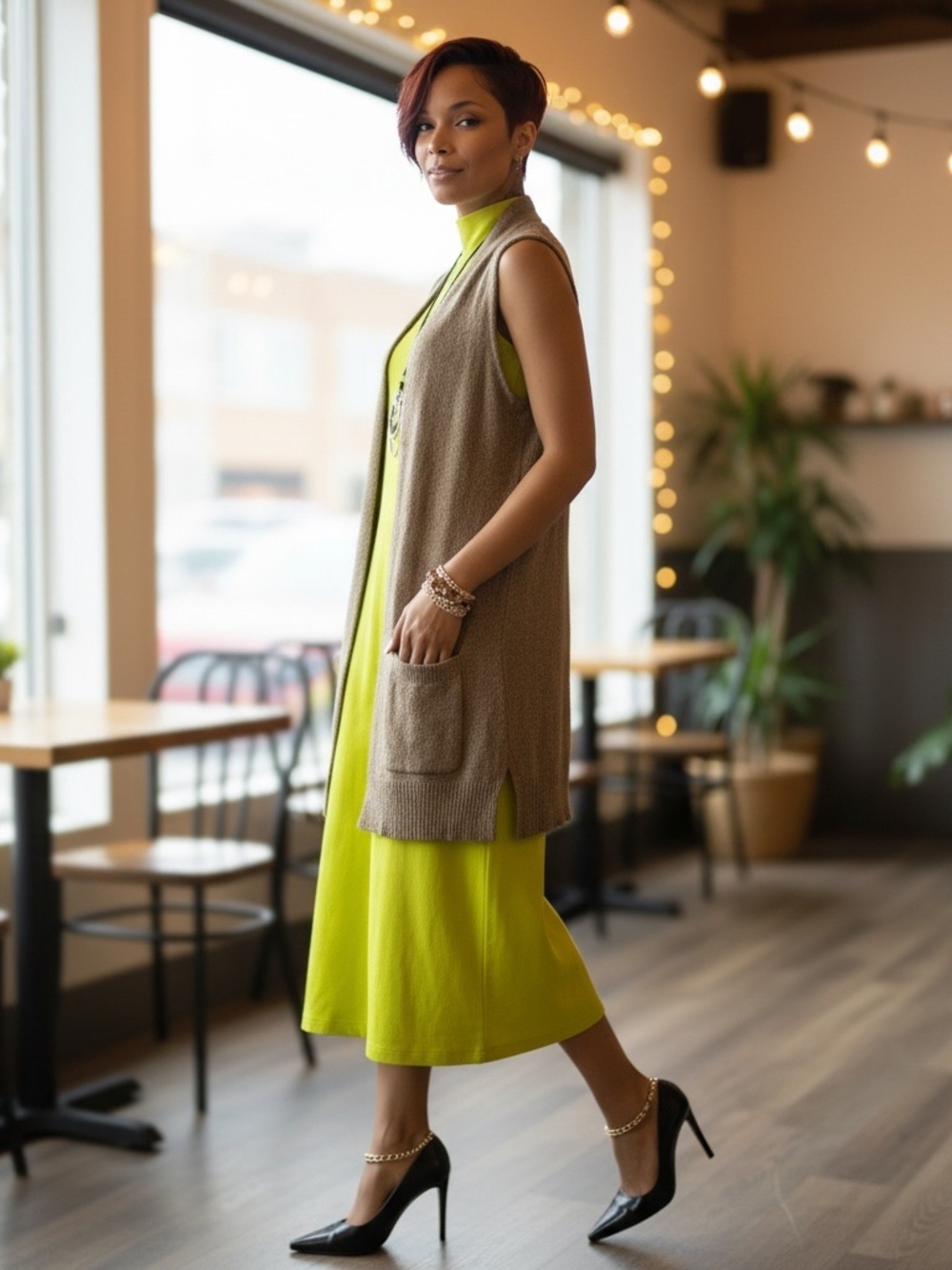 Lime Green Sleeveless Midi Dress W/ Tan Knit Vest☑️ - Picture 4 of 7